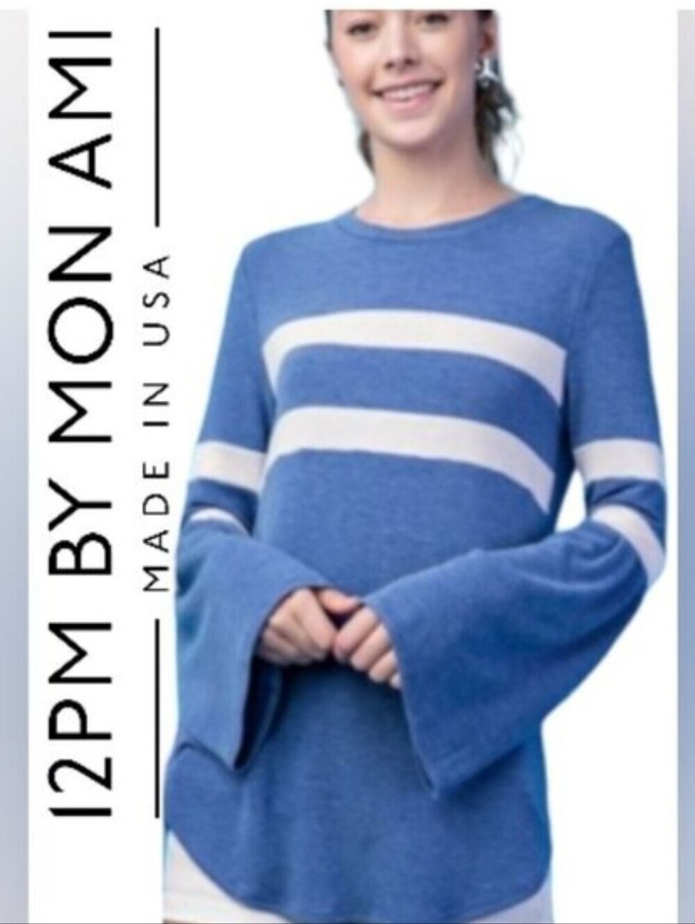 12 PM BY MON AMI Varsity Bell Sleeve Blue & White Sweater Size Small NWT